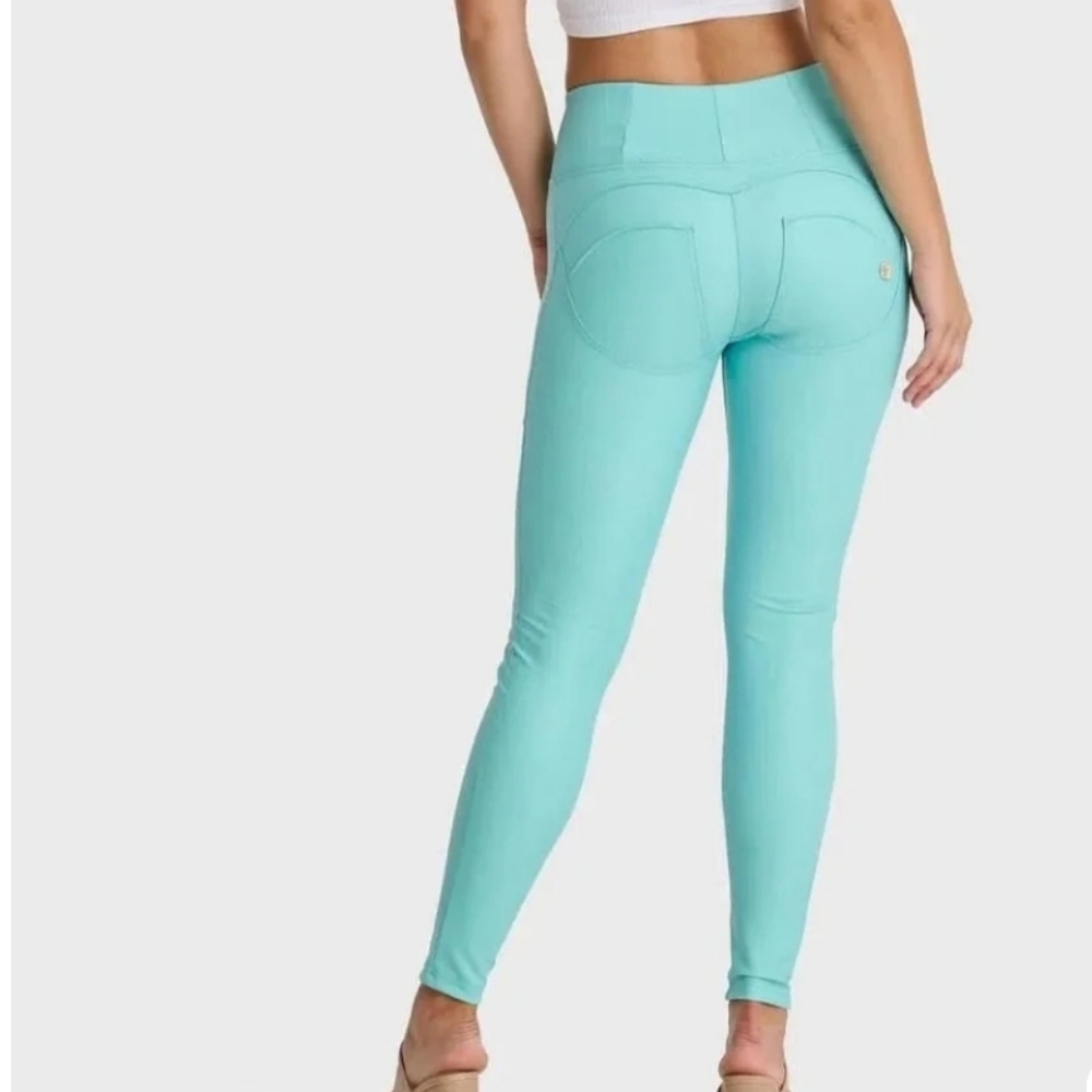 FREDDY WRUP Faux Leather High-rise Full Length Sky Blue Pants Zip Front 4 NWOT